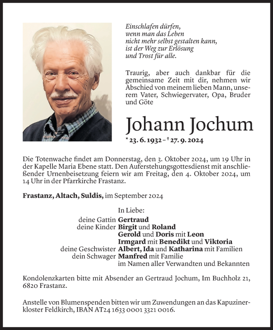 Todesanzeige von Johann Jochum von Vorarlberger Nachrichten