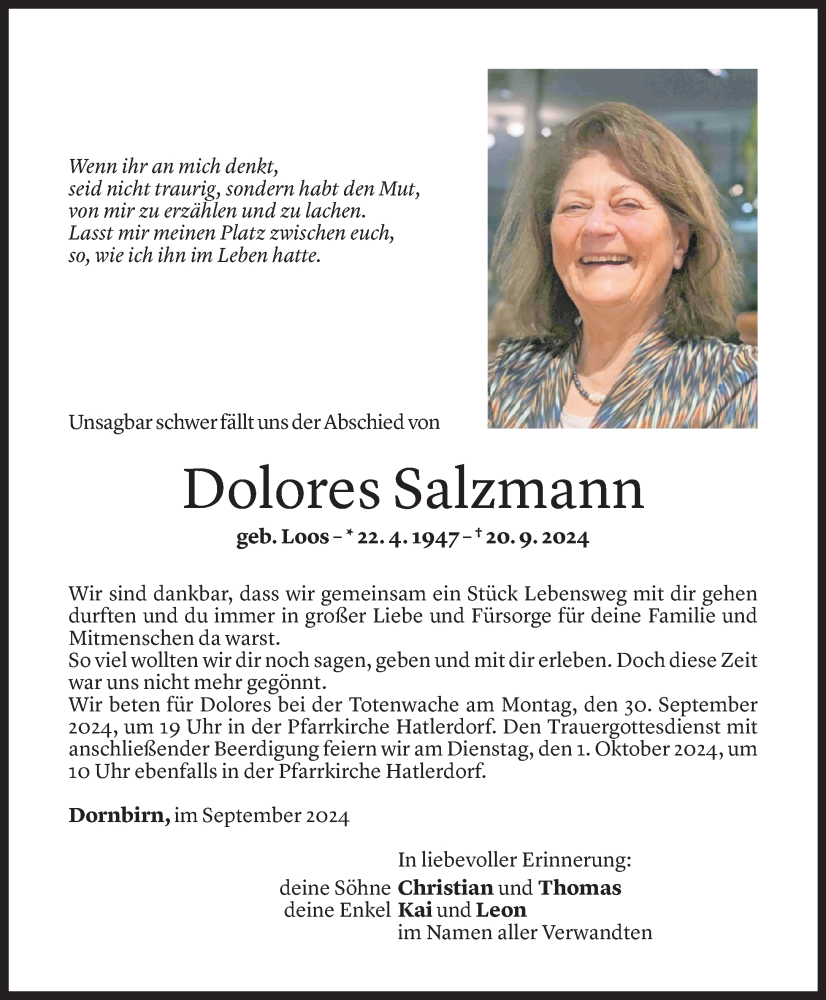  Todesanzeige für Dolores Salzmann vom 27.09.2024 aus Vorarlberger Nachrichten