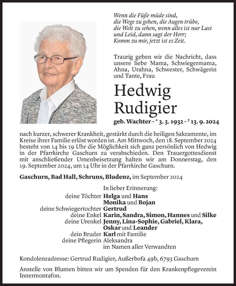  Todesanzeige für Hedwig Rudigier vom 16.09.2024 aus Vorarlberger Nachrichten