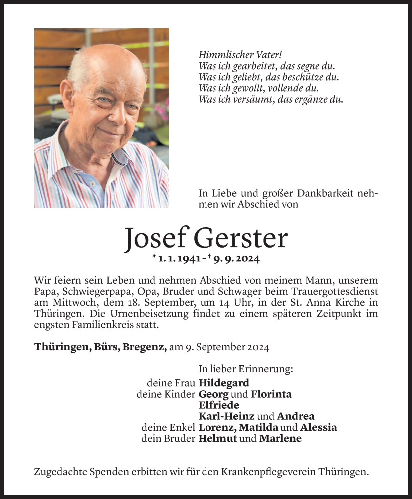  Todesanzeige für Josef Gerster vom 14.09.2024 aus Vorarlberger Nachrichten