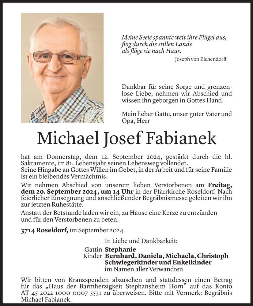  Todesanzeige für Michael Josef Fabianek vom 16.09.2024 aus Vorarlberger Nachrichten