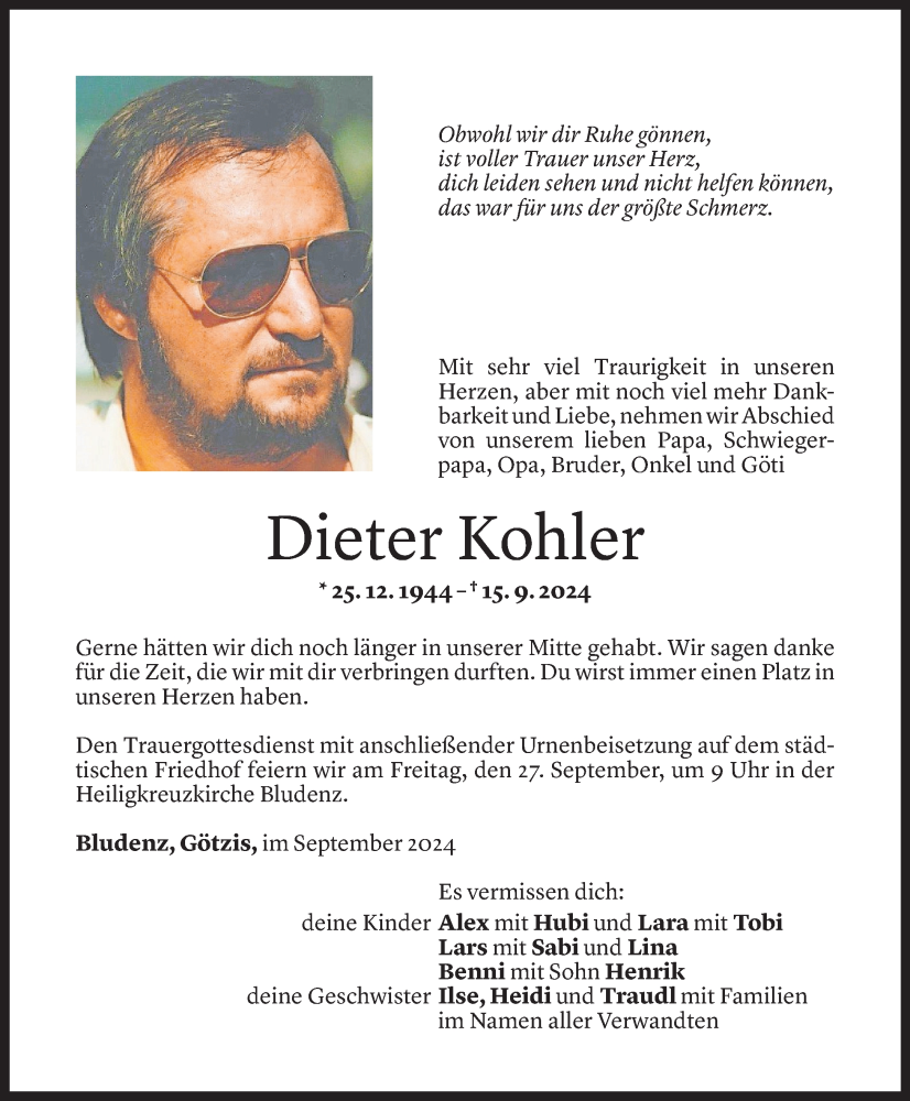  Todesanzeige für Dieter Kohler vom 23.09.2024 aus Vorarlberger Nachrichten