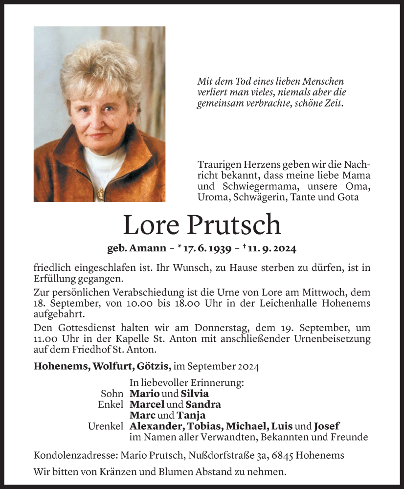  Todesanzeige für Lore Prutsch vom 13.09.2024 aus Vorarlberger Nachrichten