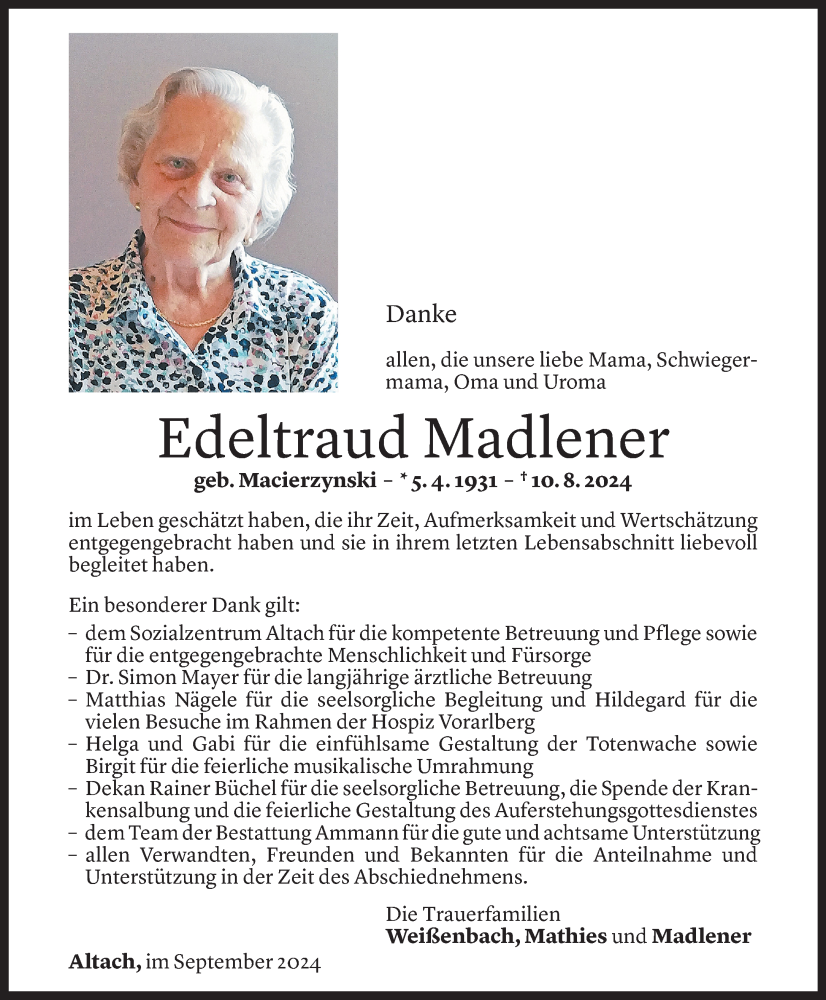  Todesanzeige für Edeltraud Madlener vom 25.09.2024 aus Vorarlberger Nachrichten