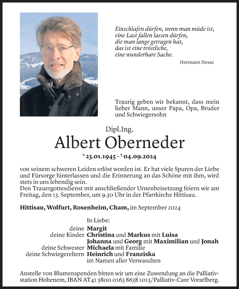  Todesanzeige für Albert Oberneder vom 11.09.2024 aus Vorarlberger Nachrichten