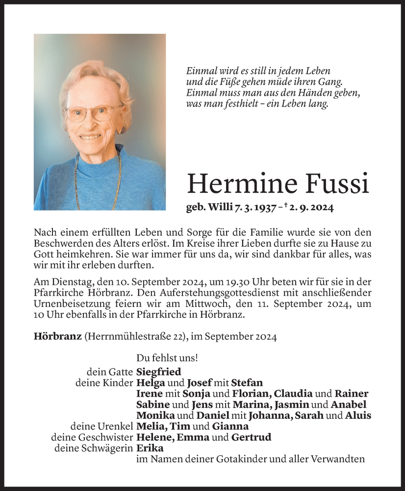  Todesanzeige für Hermine Fussi vom 06.09.2024 aus Vorarlberger Nachrichten