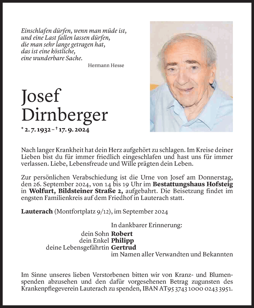  Todesanzeige für Josef Dirnberger vom 23.09.2024 aus Vorarlberger Nachrichten