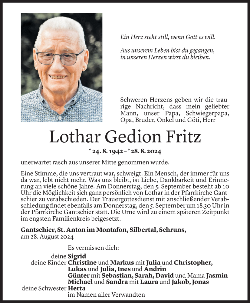  Todesanzeige für Lothar Fritz vom 03.09.2024 aus Vorarlberger Nachrichten