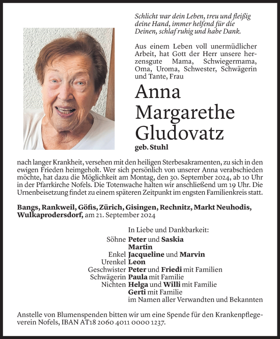 Todesanzeige von Anna Margarethe Gludovatz von Vorarlberger Nachrichten