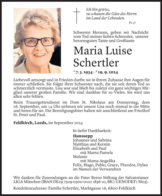 Todesanzeige von Maria Luise Schertler von Vorarlberger Nachrichten