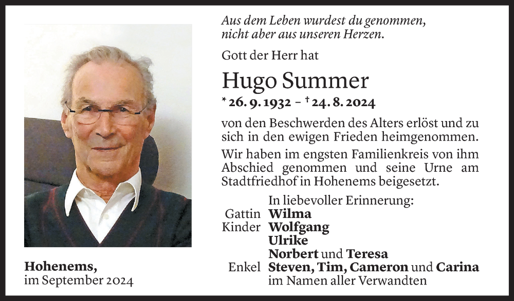  Todesanzeige für Hugo Summer vom 07.09.2024 aus Vorarlberger Nachrichten