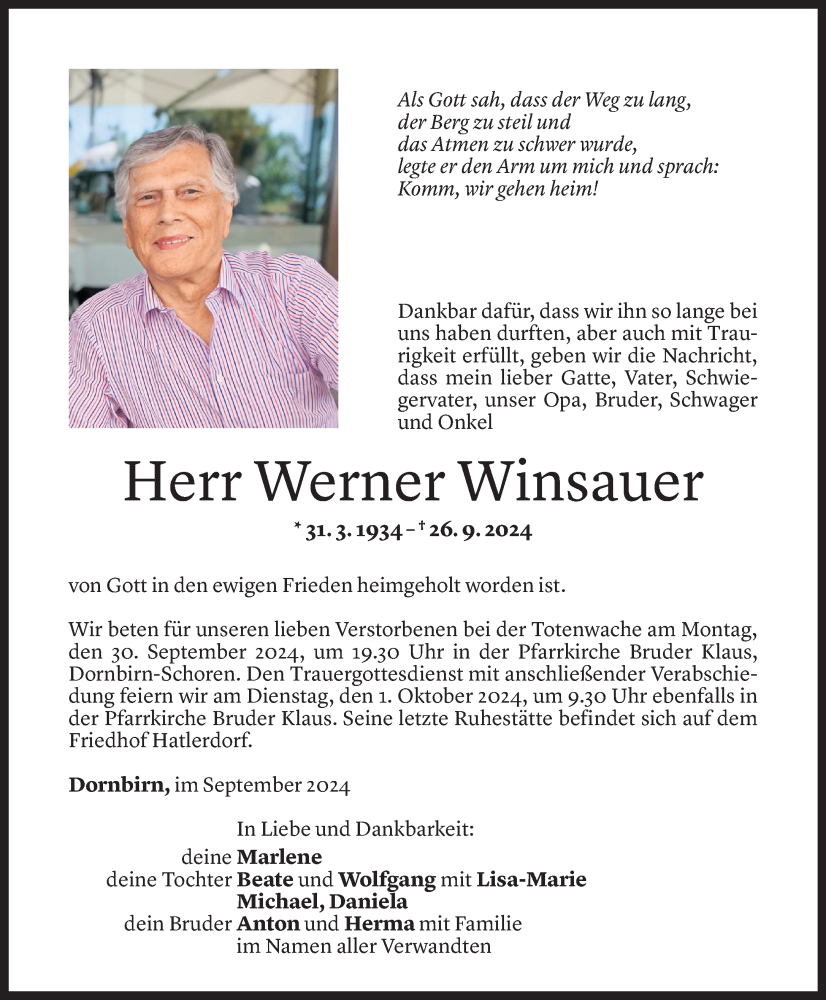  Todesanzeige für Werner Winsauer vom 27.09.2024 aus Vorarlberger Nachrichten