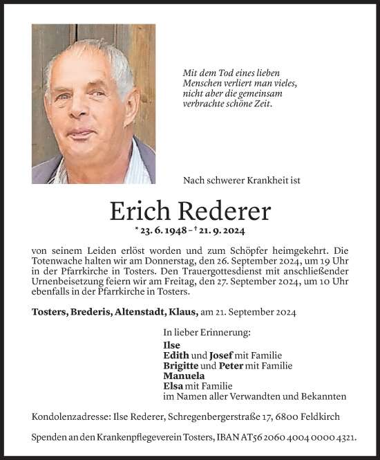 Todesanzeige von Erich Rederer von Vorarlberger Nachrichten