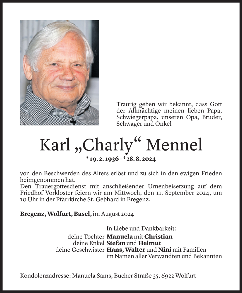  Todesanzeige für Karl Mennel vom 07.09.2024 aus Vorarlberger Nachrichten