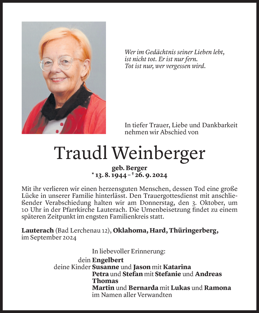  Todesanzeige für Traudl Weinberger vom 30.09.2024 aus Vorarlberger Nachrichten