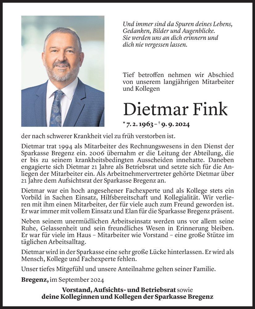  Todesanzeige für Dietmar Fink vom 30.09.2024 aus Vorarlberger Nachrichten