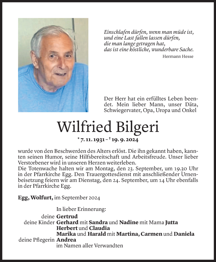  Todesanzeige für Wilfried Bilgeri vom 20.09.2024 aus Vorarlberger Nachrichten