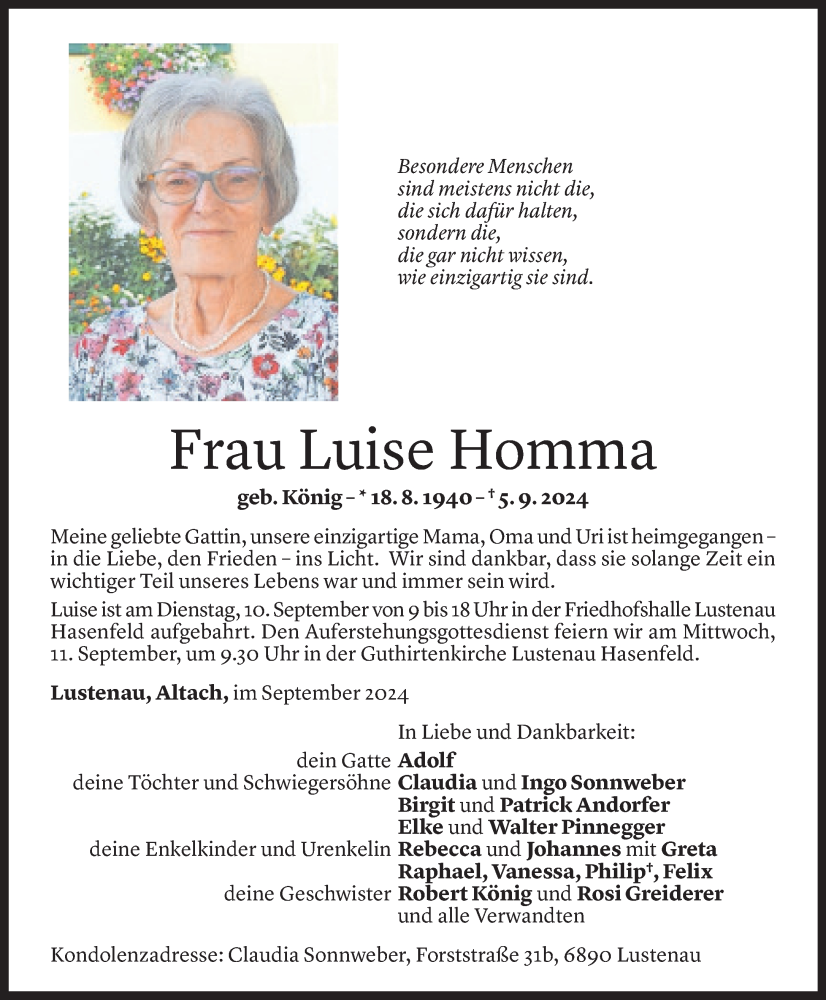  Todesanzeige für Luise Homma vom 08.09.2024 aus Vorarlberger Nachrichten