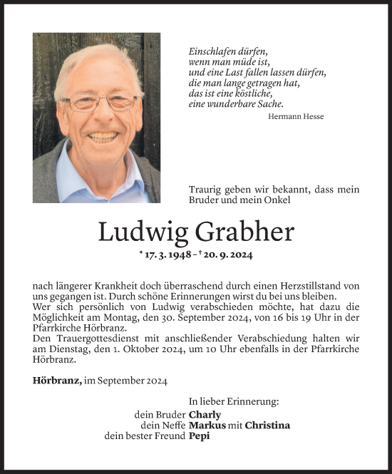 Todesanzeige von Ludwig Grabher von Vorarlberger Nachrichten