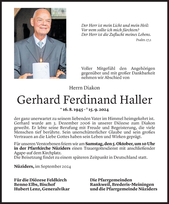 Todesanzeige von Gerhard Ferdinand Haller von Vorarlberger Nachrichten