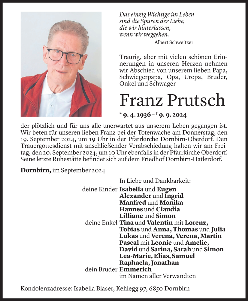  Todesanzeige für Franz Prutsch vom 16.09.2024 aus Vorarlberger Nachrichten