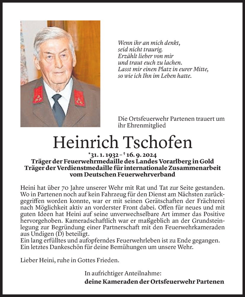  Todesanzeige für Heinrich Tschofen vom 18.09.2024 aus Vorarlberger Nachrichten