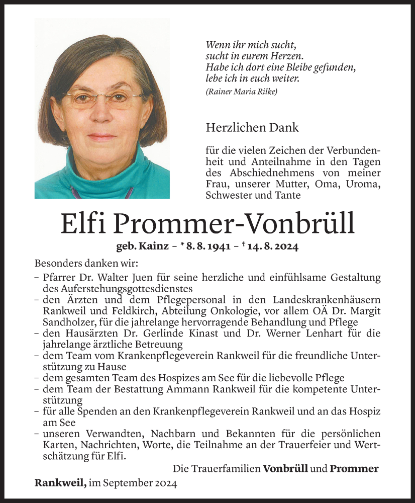  Todesanzeige für Elfi Prommer-Vonbrüll vom 25.09.2024 aus Vorarlberger Nachrichten