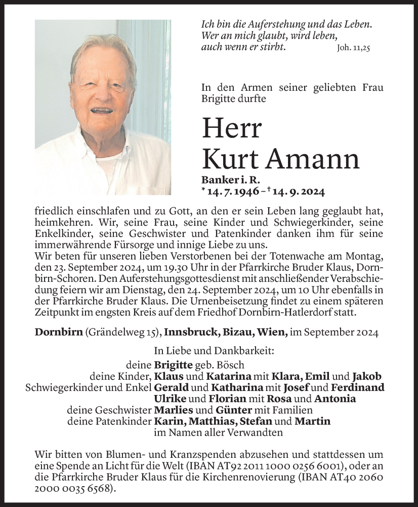  Todesanzeige für Kurt Amann vom 18.09.2024 aus Vorarlberger Nachrichten