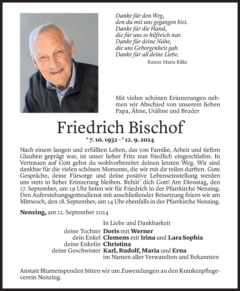  Todesanzeige für Friedrich Bischof vom 13.09.2024 aus Vorarlberger Nachrichten