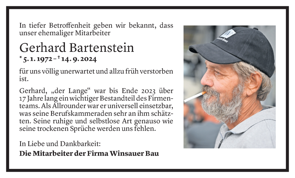  Todesanzeige für Gerhard Bartenstein vom 20.09.2024 aus Vorarlberger Nachrichten