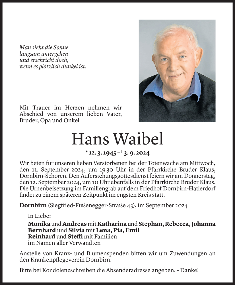  Todesanzeige für Hans Waibel vom 09.09.2024 aus Vorarlberger Nachrichten