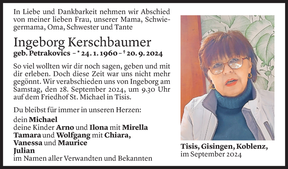  Todesanzeige für Ingeborg Kerschbaumer vom 24.09.2024 aus Vorarlberger Nachrichten