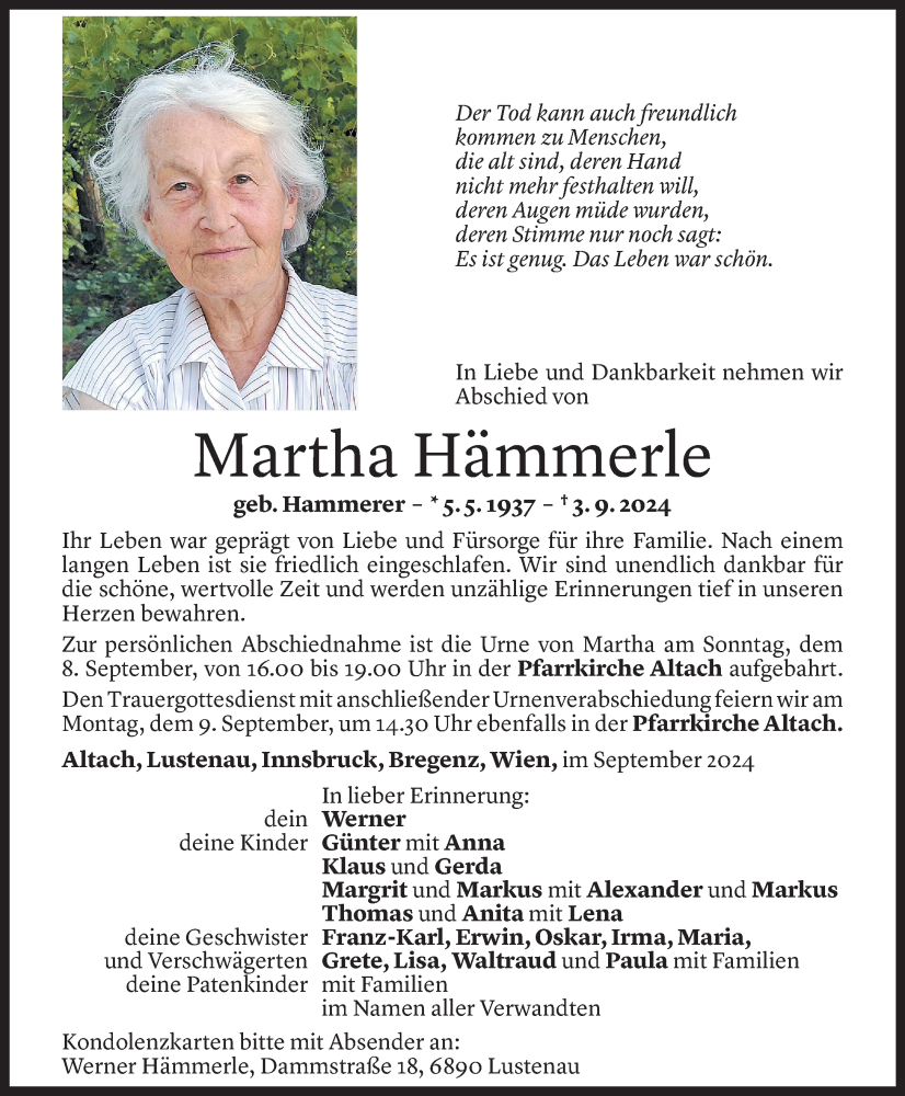  Todesanzeige für Martha Hämmerle vom 05.09.2024 aus Vorarlberger Nachrichten