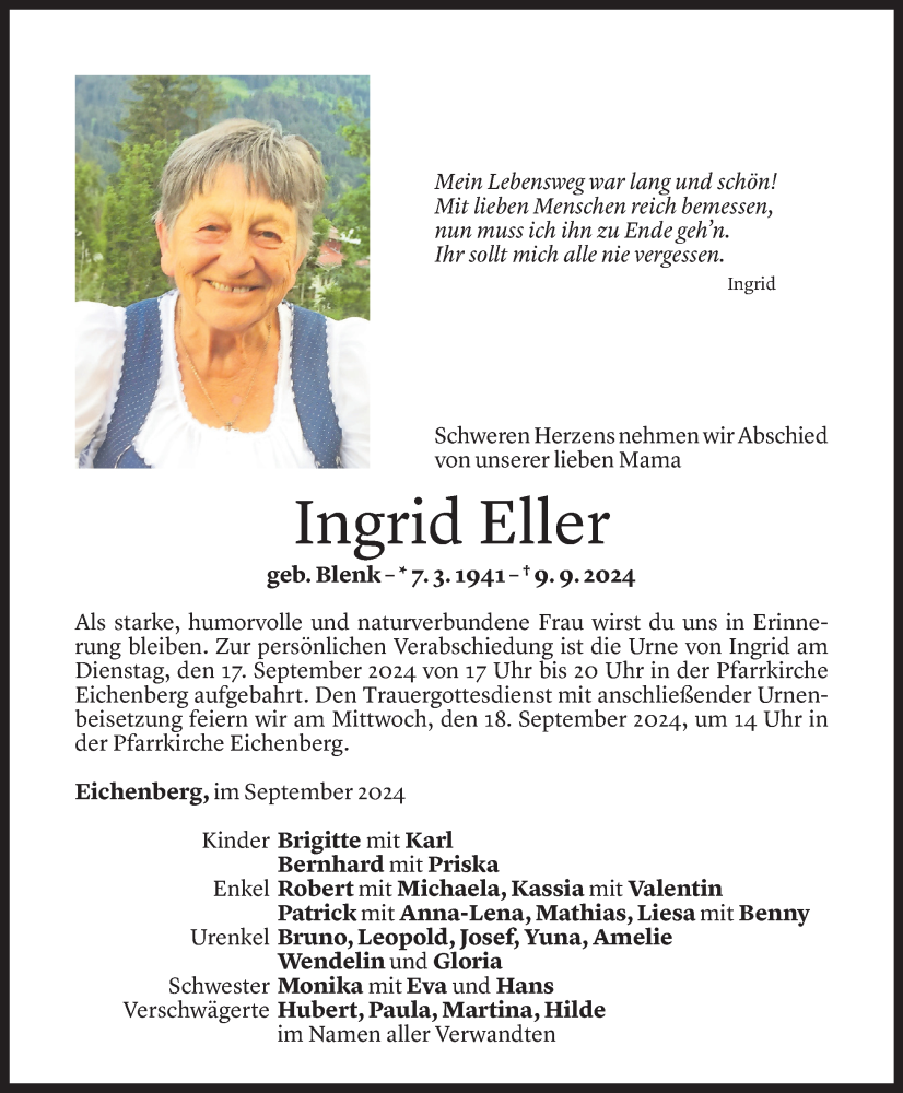  Todesanzeige für Ingrid Eller vom 13.09.2024 aus Vorarlberger Nachrichten