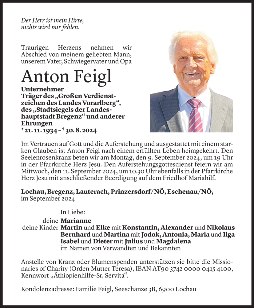  Todesanzeige für Anton Feigl vom 04.09.2024 aus Vorarlberger Nachrichten