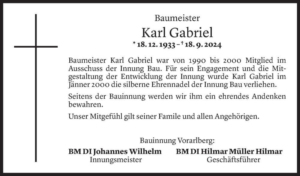  Todesanzeige für Karl Gabriel vom 23.09.2024 aus Vorarlberger Nachrichten