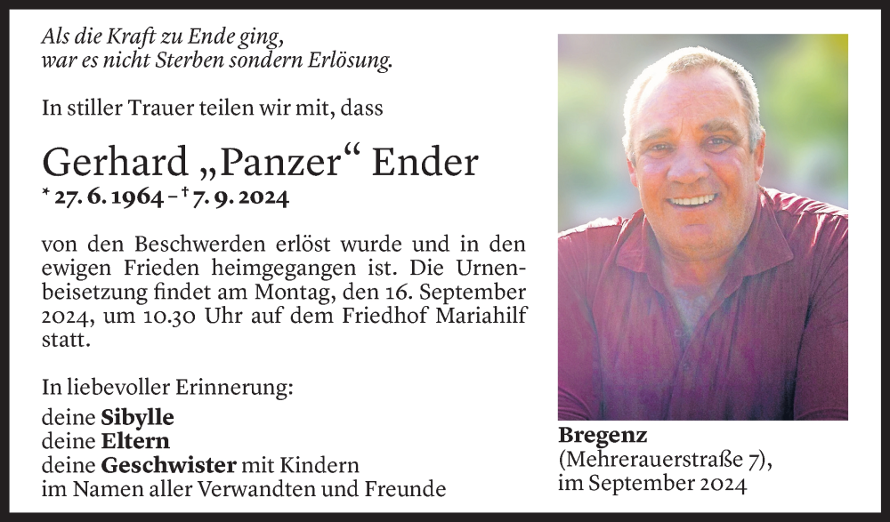  Todesanzeige für Gerhard Ender vom 13.09.2024 aus Vorarlberger Nachrichten