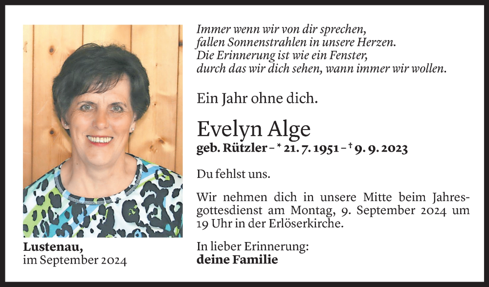  Todesanzeige für Evelyn Alge vom 07.09.2024 aus Vorarlberger Nachrichten