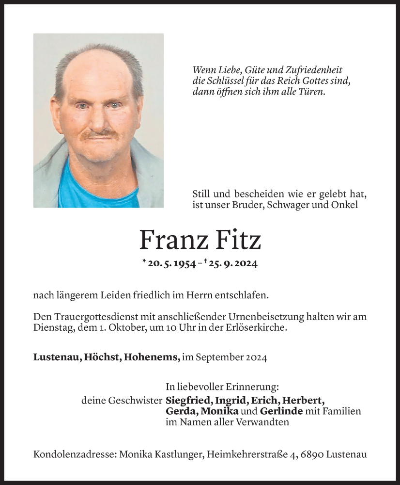  Todesanzeige für Franz Fitz vom 27.09.2024 aus Vorarlberger Nachrichten