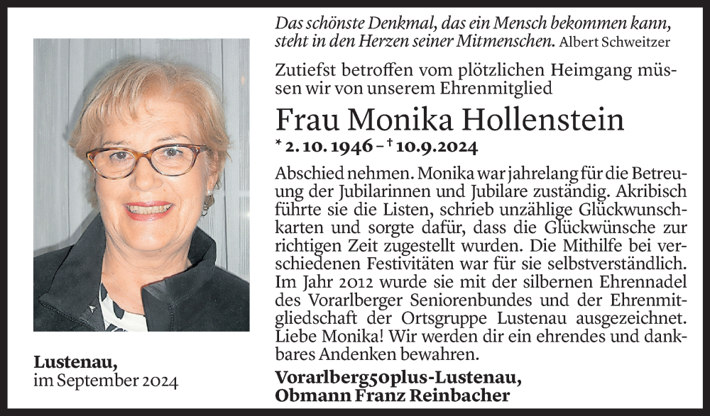  Todesanzeige für Monika Hollenstein vom 13.09.2024 aus Vorarlberger Nachrichten