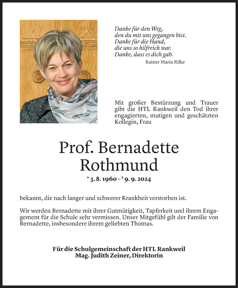  Todesanzeige für Bernadette Rothmund vom 16.09.2024 aus Vorarlberger Nachrichten