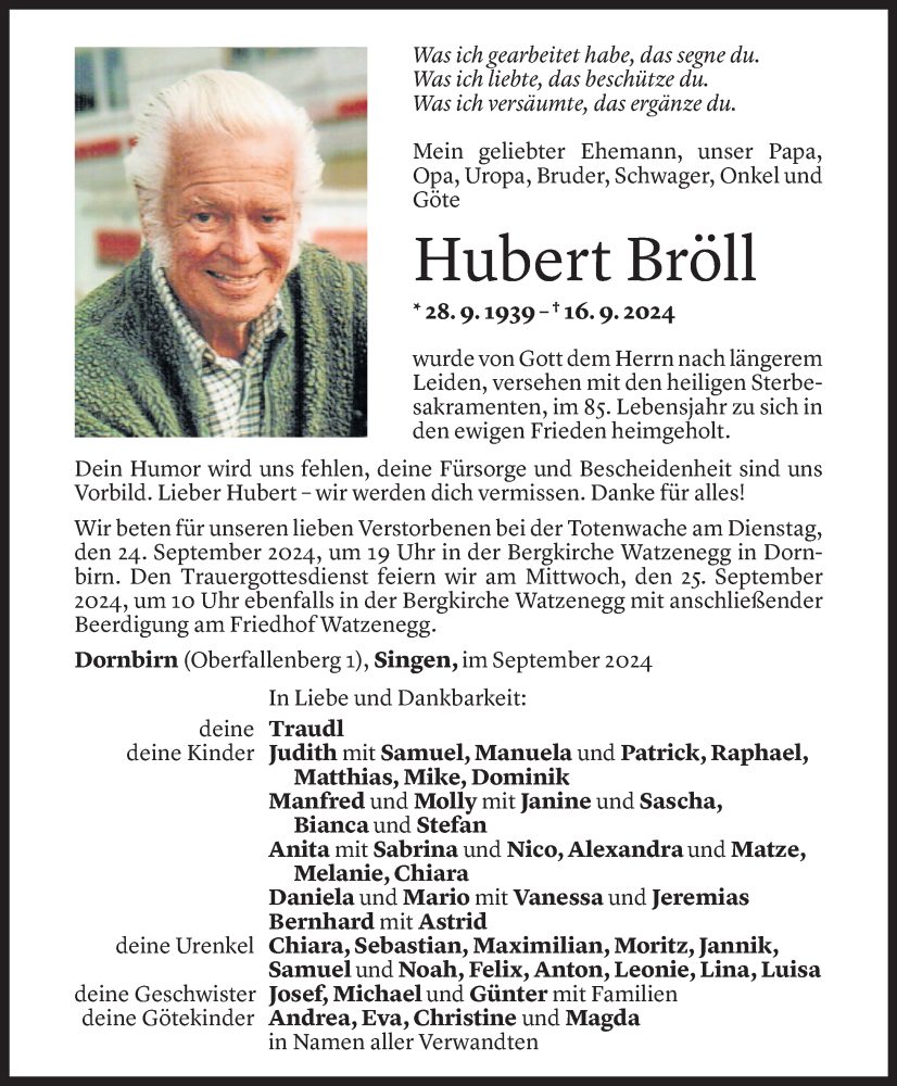  Todesanzeige für Hubert Bröll vom 19.09.2024 aus Vorarlberger Nachrichten