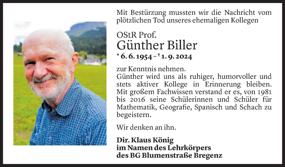  Todesanzeige für Günther Biller vom 16.09.2024 aus Vorarlberger Nachrichten