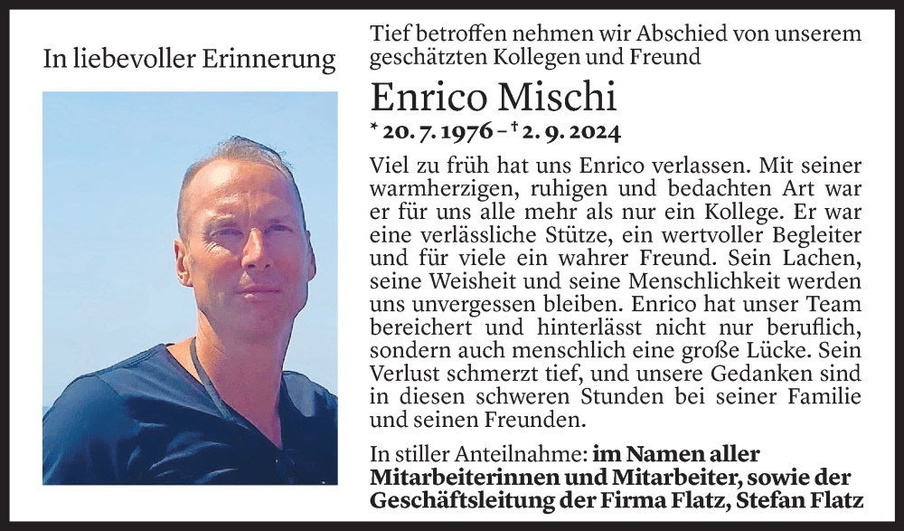  Todesanzeige für Enrico Mischi vom 06.09.2024 aus Vorarlberger Nachrichten