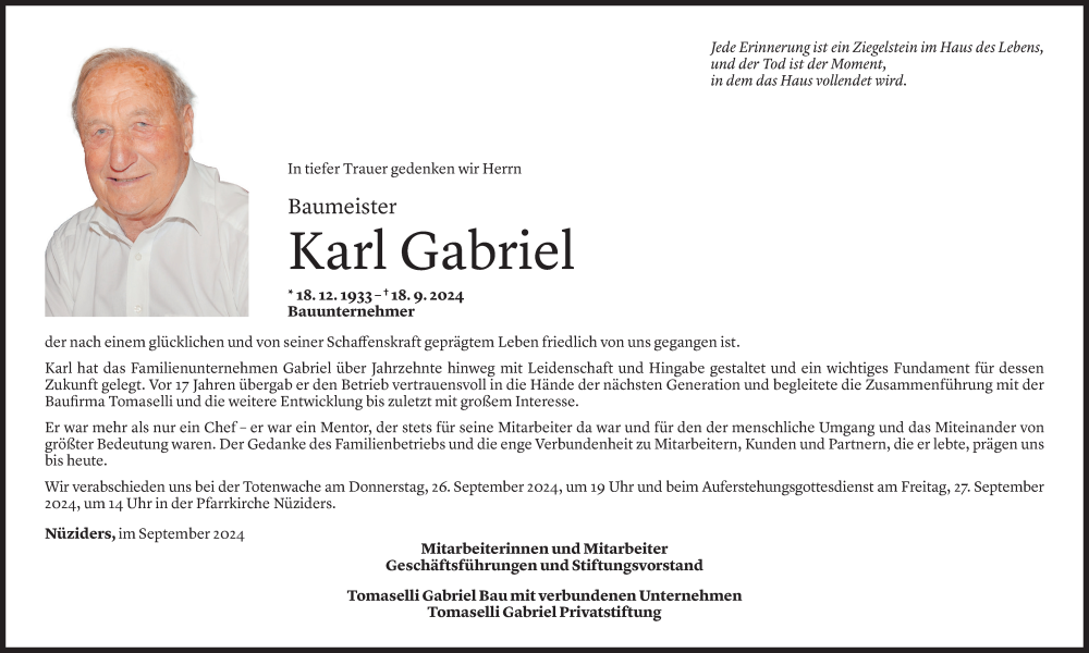  Todesanzeige für Karl Gabriel vom 20.09.2024 aus vorarlberger nachrichten