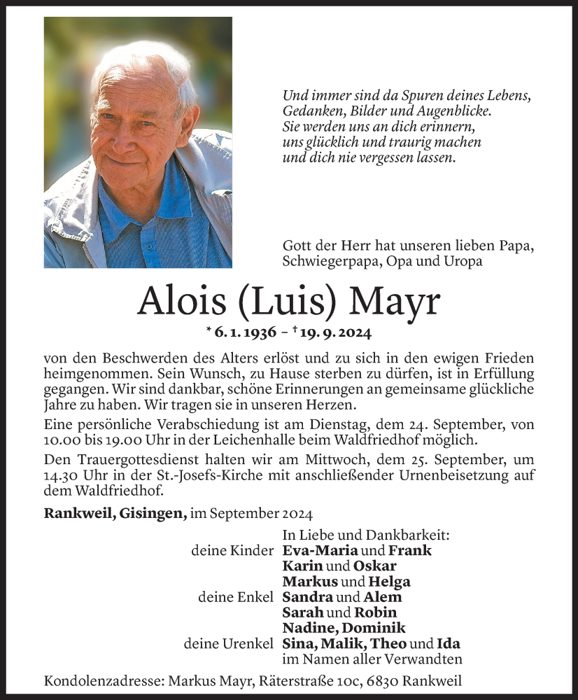  Todesanzeige für Alois Mayr vom 20.09.2024 aus Vorarlberger Nachrichten