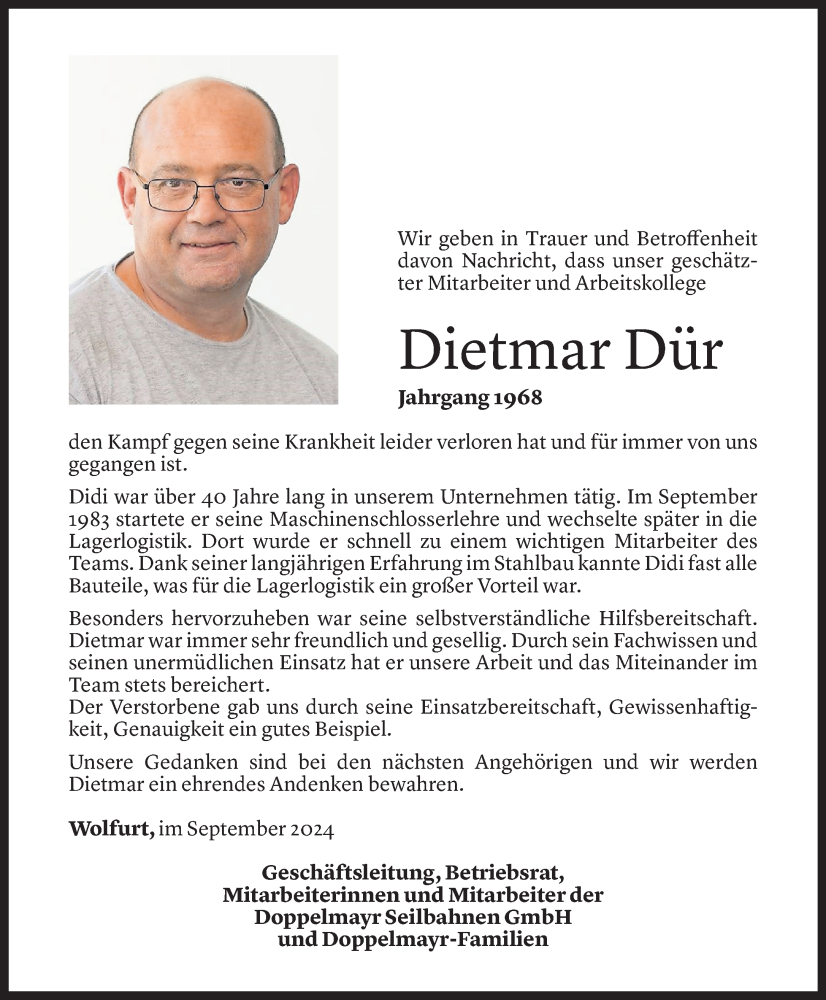  Todesanzeige für Dietmar Dür vom 24.09.2024 aus Vorarlberger Nachrichten