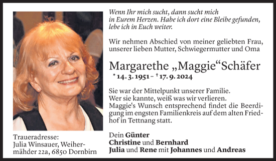 Todesanzeige von Margarethe Schäfer von Vorarlberger Nachrichten