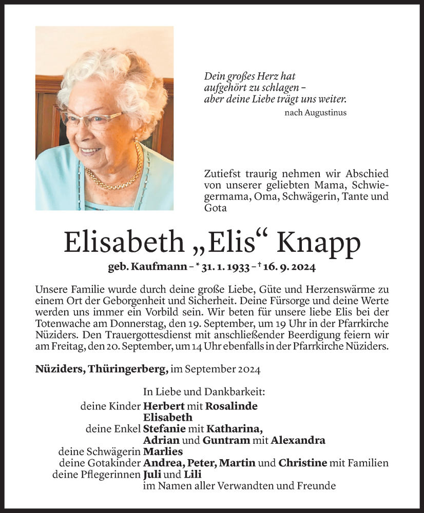  Todesanzeige für Elisabeth Knapp vom 17.09.2024 aus Vorarlberger Nachrichten