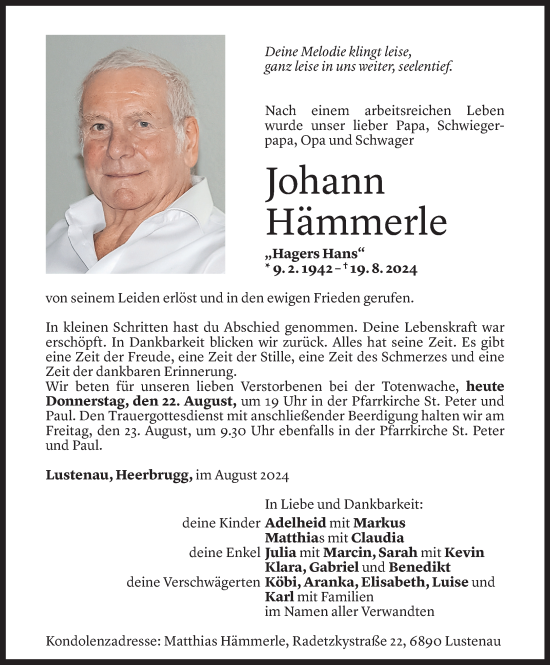 Todesanzeige von Johann Hämmerle von Vorarlberger nachrichten